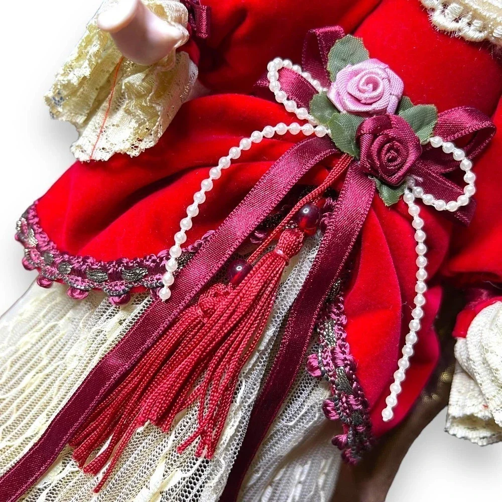 VTG Kurt Adler Angel Tree Topper Large Ornament 1990 Victorian Lace Red Ivory